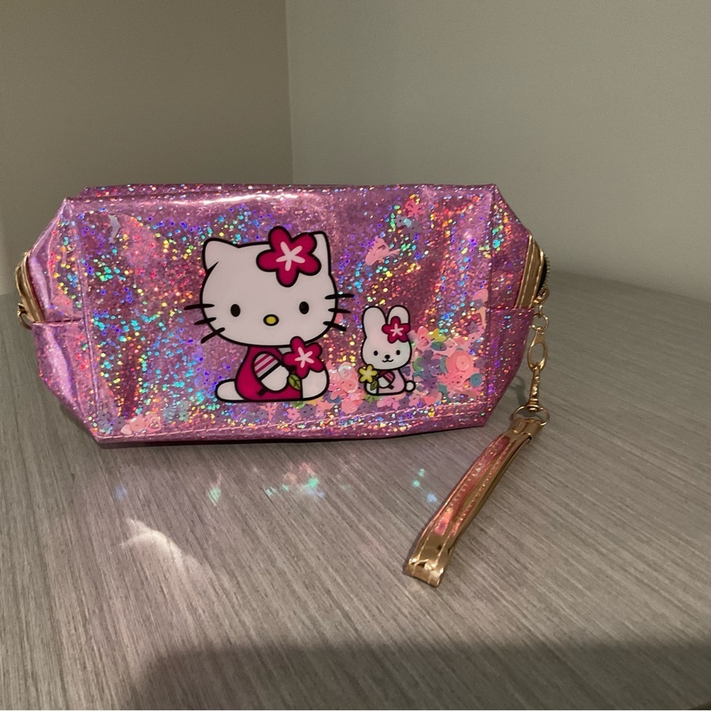 Hello Kitty Pink Holographic Glitter Wristlet / Pouch with Gold Accents